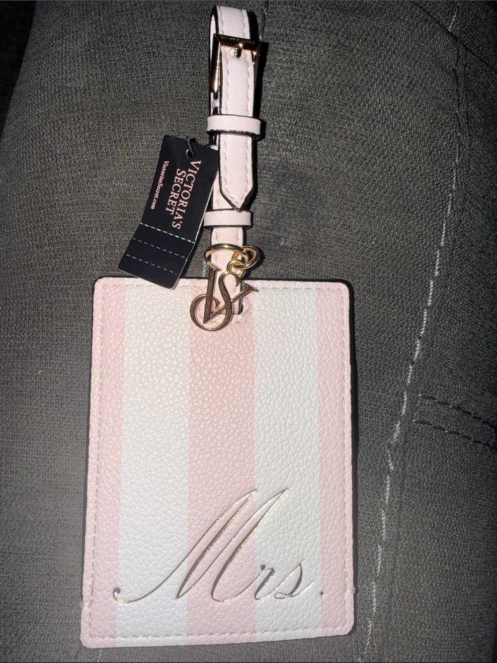 Victoria's Secret Pink & White Striped 'Mrs.' Luggage Tag with Gold Accent